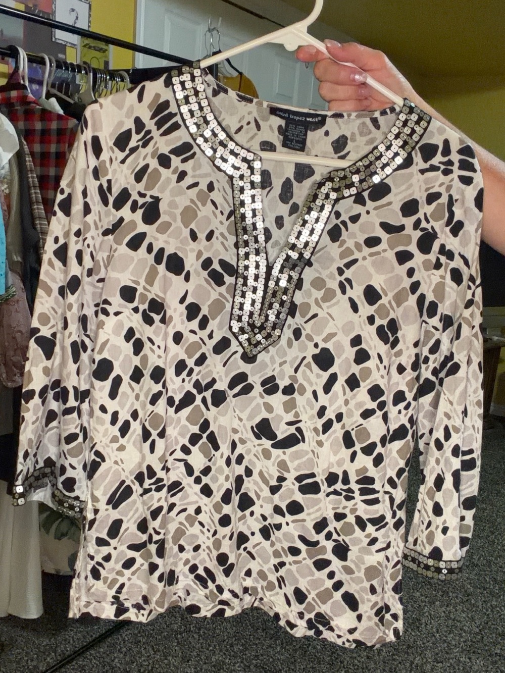 Saint Tropez West Beige, Black & Taupe Sequin-Trim Tunic